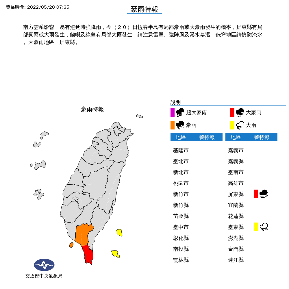 中央氣象局對屏東縣發布豪雨特報。 圖：中央氣象局／提供