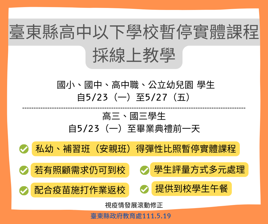 台東縣政府宣布，高中以下學校自5月23日起暫停實體課程至5月27日，改採線上教學。 圖：台東縣政府提供