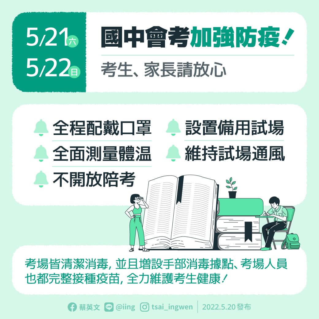 總統蔡英文20日針對國中會考發文。 圖：蔡英文臉書