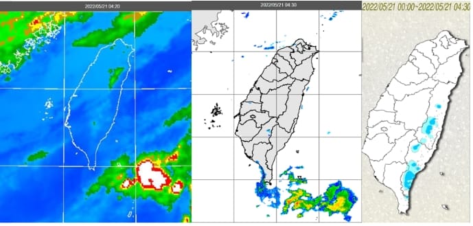 今(21日)晨4：20紅外線色調強化雲圖顯示，對流雲在台灣東南方海面，台灣上空雲層稀疏(左圖)；4：30雷達回波合成圖顯示，台灣上空無降水回波(中圖)；4：30累積雨量圖顯示，東半部有局部降雨(右圖)。 圖/「三立準氣象· 老大洩天機」