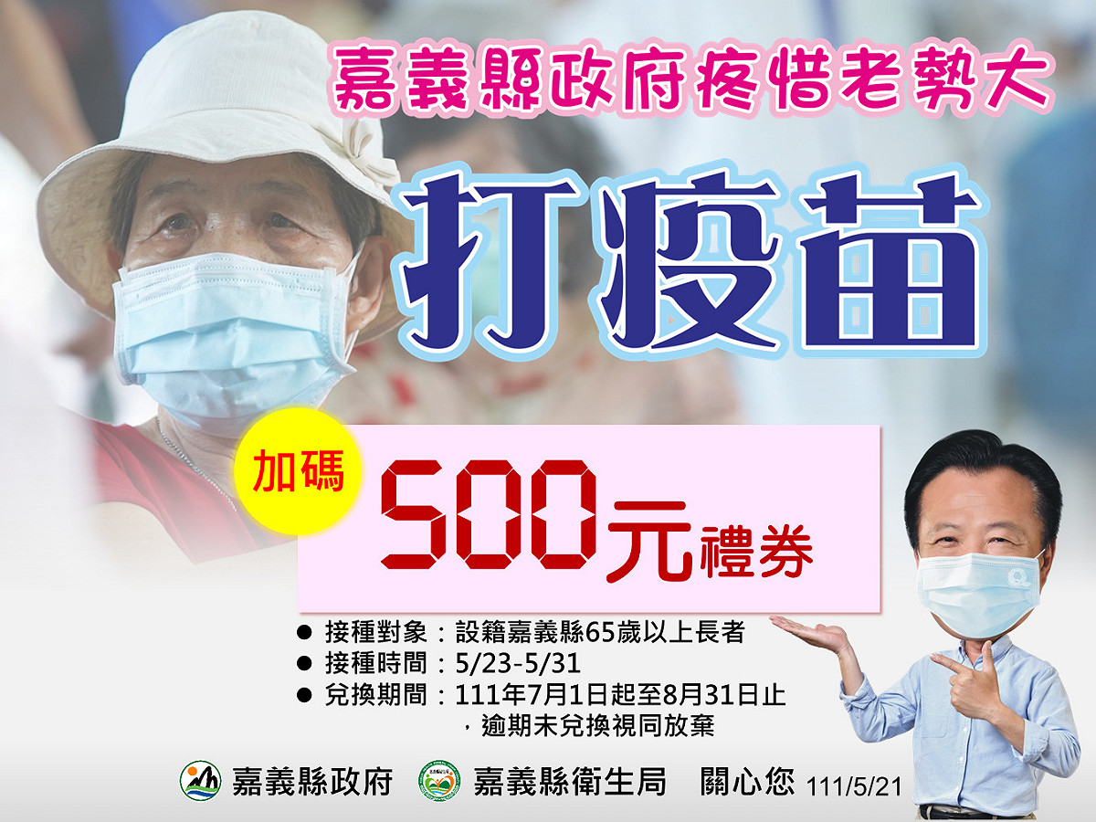 嘉義縣長翁章梁今天宣佈，65歲以上長者接種疫苗，加碼送500元禮券。 圖：嘉義縣政府/提供