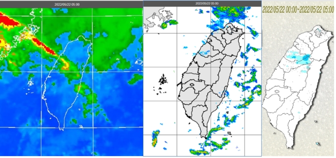 今(22日)晨5時紅外線色調強化雲圖顯示，中部以北及東半部有較多的中低雲(左圖)；5時雷達回波合成圖顯示，降水回波並不明顯(中圖)；5時累積雨量圖顯示，中部以北及東半部有局部零星降雨(右圖)。 圖/「三立準氣象· 老大洩天機」
