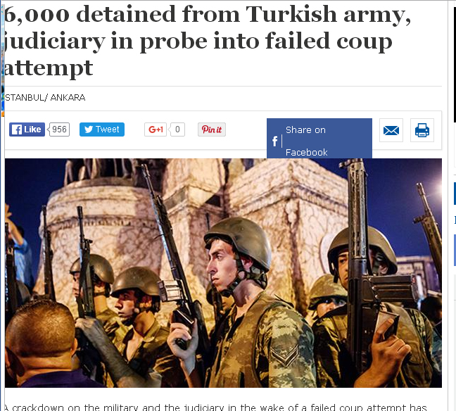 土耳其當地媒體《Hurriyet Daily》報導，這次軍方政變，已經大約6000人被拘留。 圖：翻攝《Hurriyet Daily》