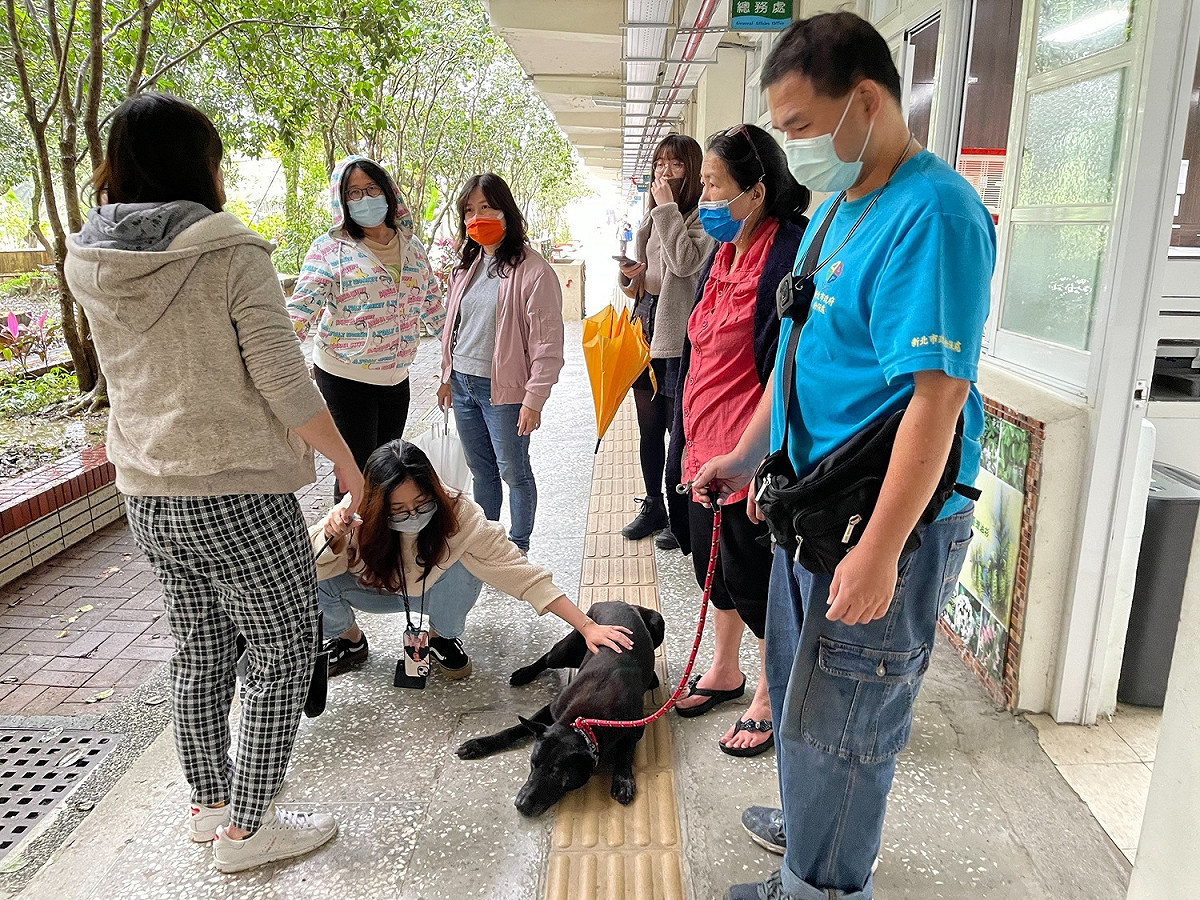 老師們歡迎小黑重回校園。 圖：新北市動保處提供