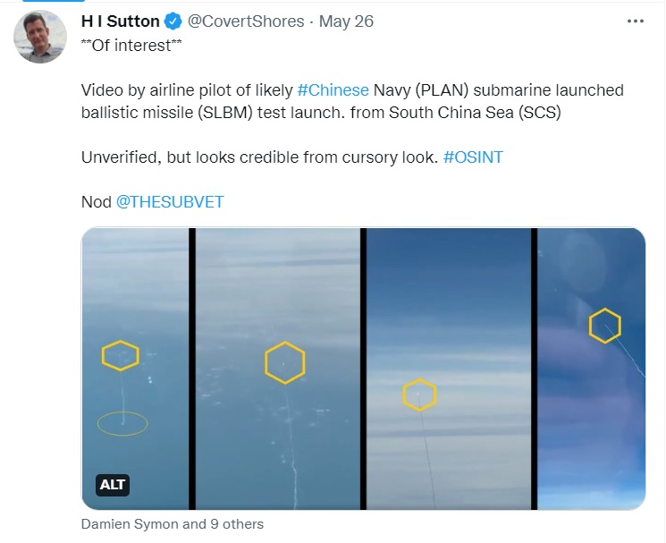 美國軍事專家薩頓在推特爆料中國解放軍飛彈險擊中民航機的消息，表示可能是中國海軍試射潛射彈道導彈，消息粗估可信。 圖：翻攝自薩頓推特