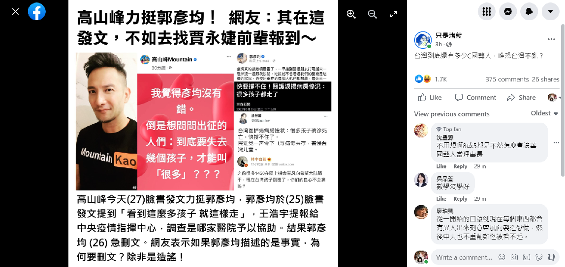 臉書粉專「只是堵藍」貼文。 圖：翻攝自臉書粉專「只是堵藍」