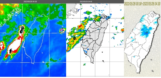 今(28日)晨4：30紅外線色調強化雲圖顯示，「滯留鋒」雲帶逐漸北移，台灣海峽有對流雲(左圖)；4：40雷達回波合成圖顯示，伴隨降水回波，向陸地靠近(中圖)；4：30累積雨量圖顯示，中部以北及東北部局部降雨，其他地區雨很零星(右圖)。 圖／翻攝「三立準氣象．老大洩天機」專欄