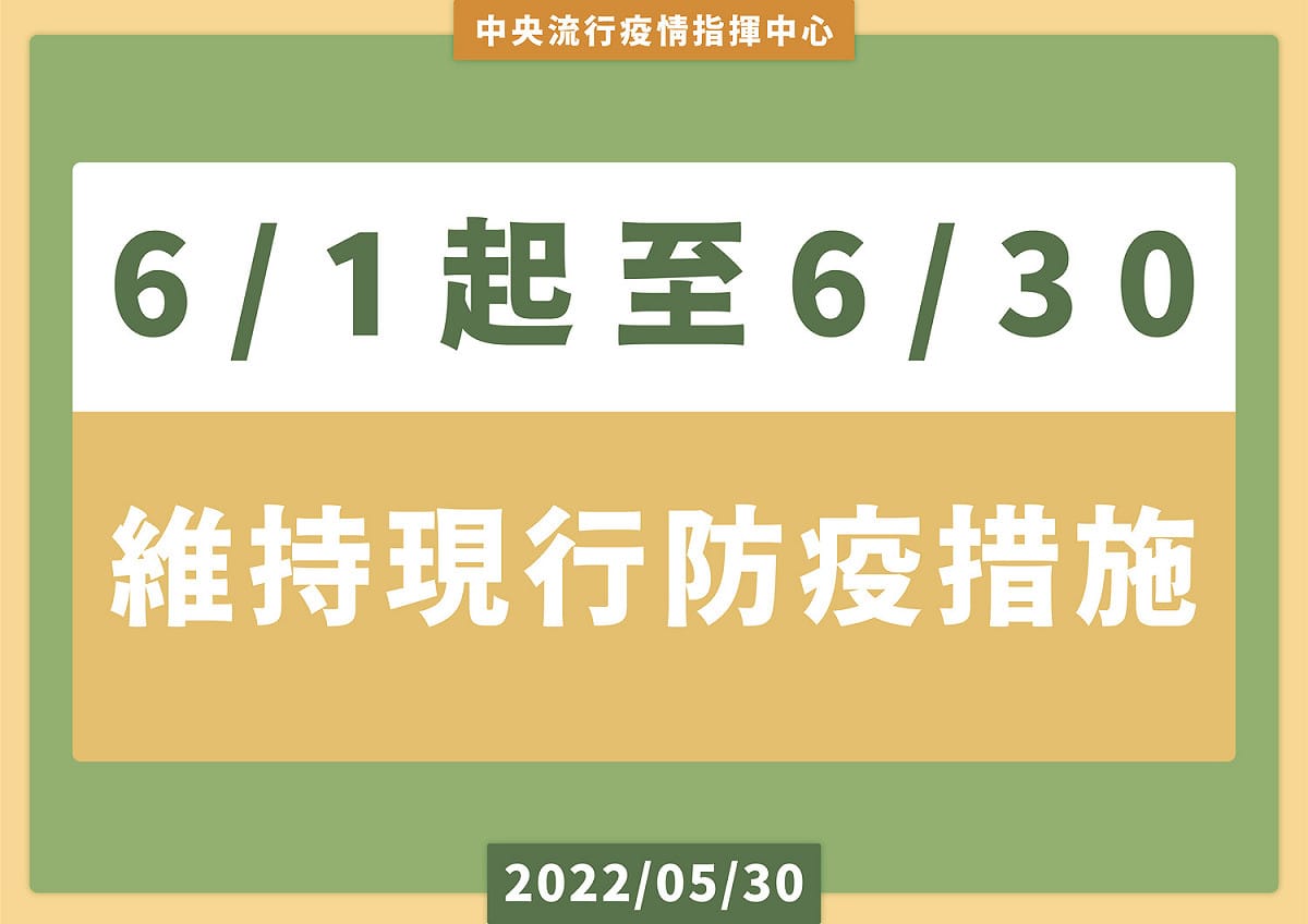 6/1-6/30維持現行防疫措施 圖：中央流行疫情指揮中心/提供