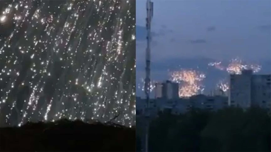 俄軍疑似再次向烏軍陣地發射鋁熱劑燃燒彈，整片天空都被帶有火焰的砲彈點亮。 圖 : 翻攝自騰訊網