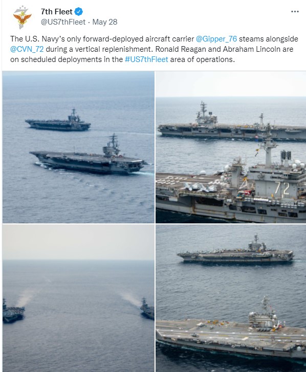 美國第七艦隊表示，雷根、林肯號正在行動區進行預定部署。 圖：翻攝自美國第七艦隊官方推特