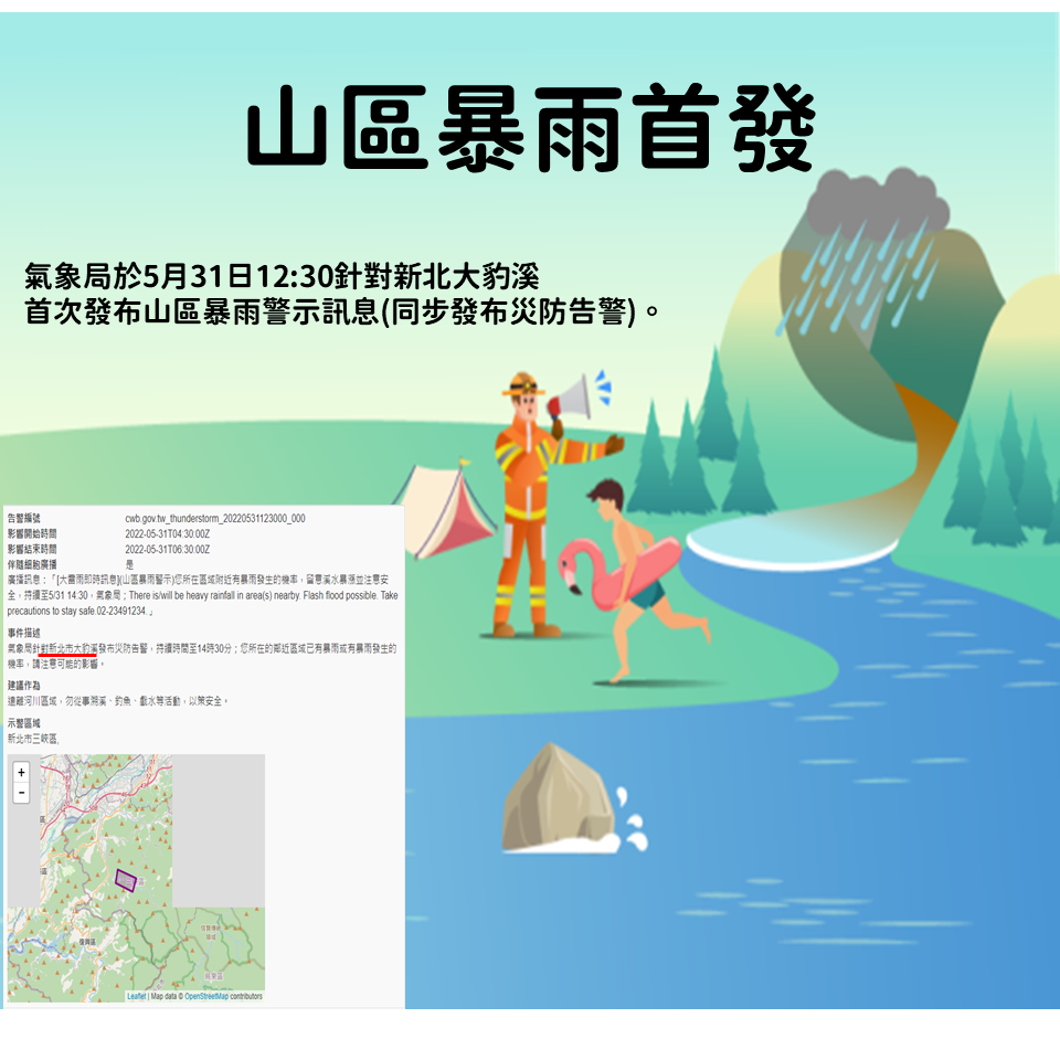 中央氣象局對新北市大豹溪發布「山區暴雨警示訊息」。 圖：中央氣象局／提供