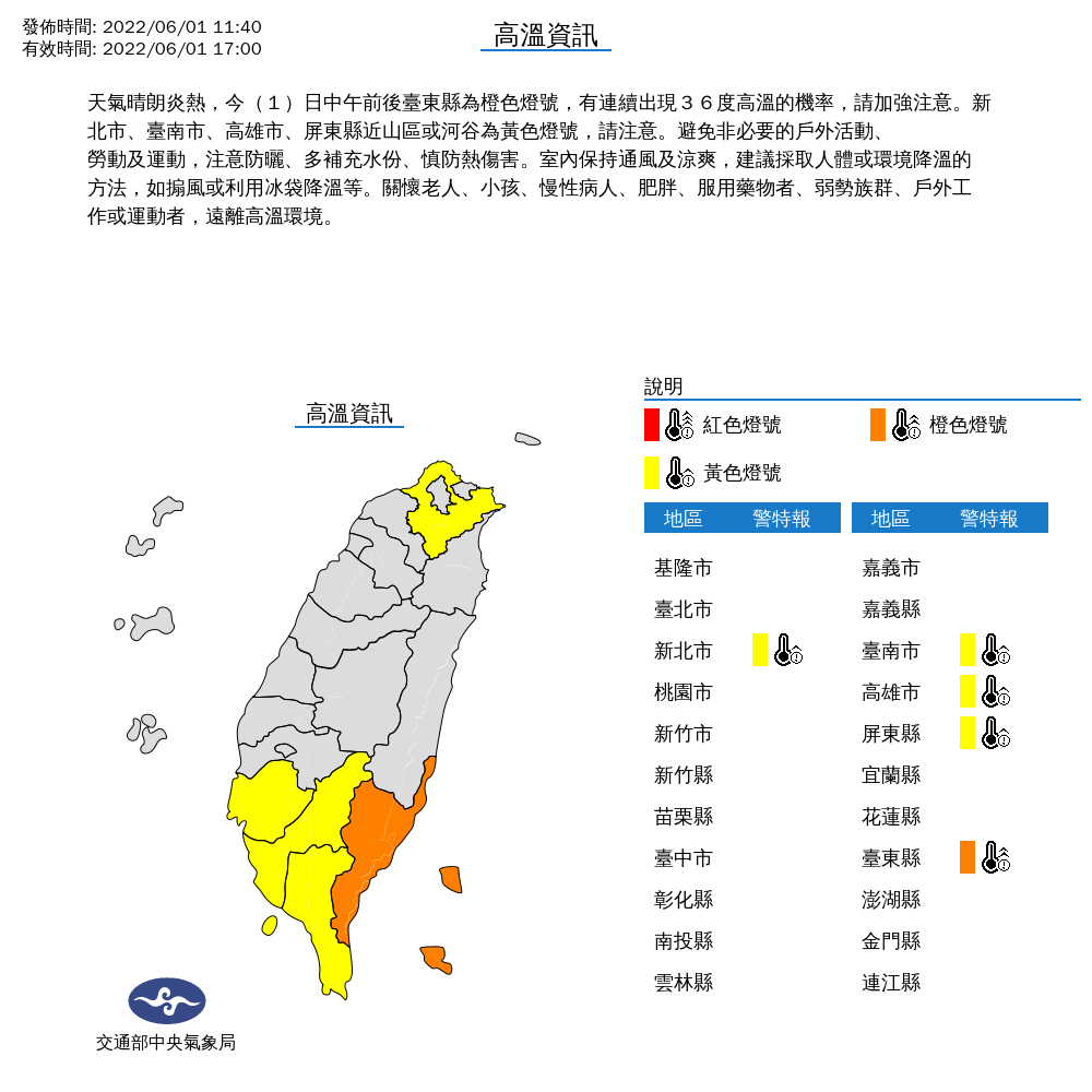 中央氣象局發布高溫特報。 圖：中央氣象局／提供
