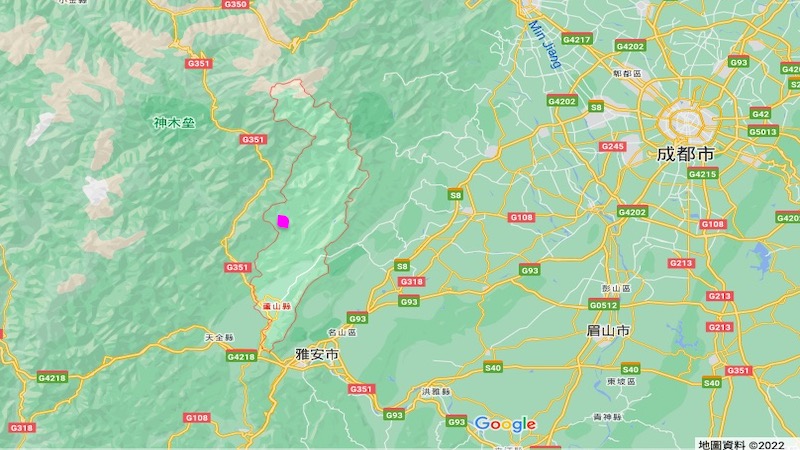 今（1）日四川省雅安市蘆山縣發生 6.1 級地震。 圖：翻攝自Google Map