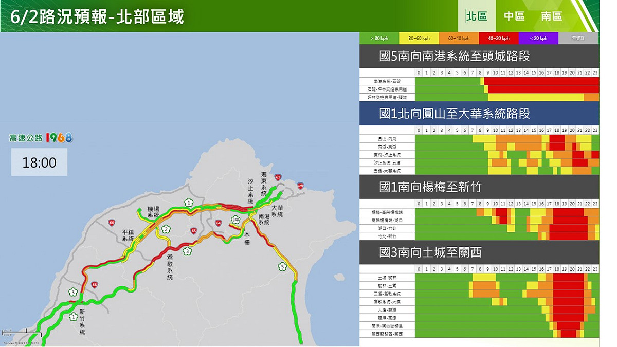 今日北部國道路況預測。 圖：交通部高速公路局／提供