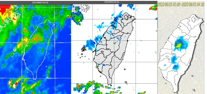 今4：30紅外線色調強化雲圖顯示，台灣上空僅有一些消散中的中高雲(左圖)。 4：30雷達回波合成圖顯示，西南部有零星回波(中圖)；4：30累積雨量圖顯示，中南部山區有降雨、西南部平地零星雨(右圖)。 圖/「三立準氣象．老大洩天機」專欄