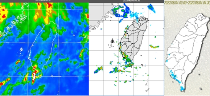 今(4)日4：30紅外線色調強化雲圖顯示，台灣上空有一些消散中的中高雲，西南部有零星對流雲(左圖)。 4：30雷達回波合成圖顯示，西南部有降水回波(中圖)；4：30累積雨量圖顯示，西南部沿海局部降雨(右圖)。 圖/「三立準氣象· 老大洩天機」專欄
