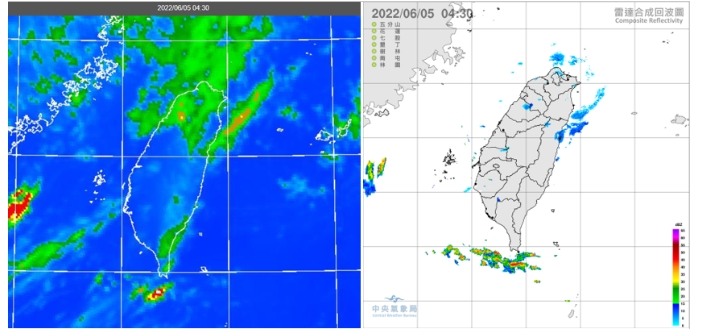 今(5)日4：30紅外線色調強化雲圖顯示，台灣上空有一些消散中的中高雲，巴士海峽有零星對流雲(左圖)。4：30雷達回波合成圖顯示，巴士海峽降水回波逐漸接近陸地(右圖) 圖/取自「三立準氣象．老大洩天機」專欄