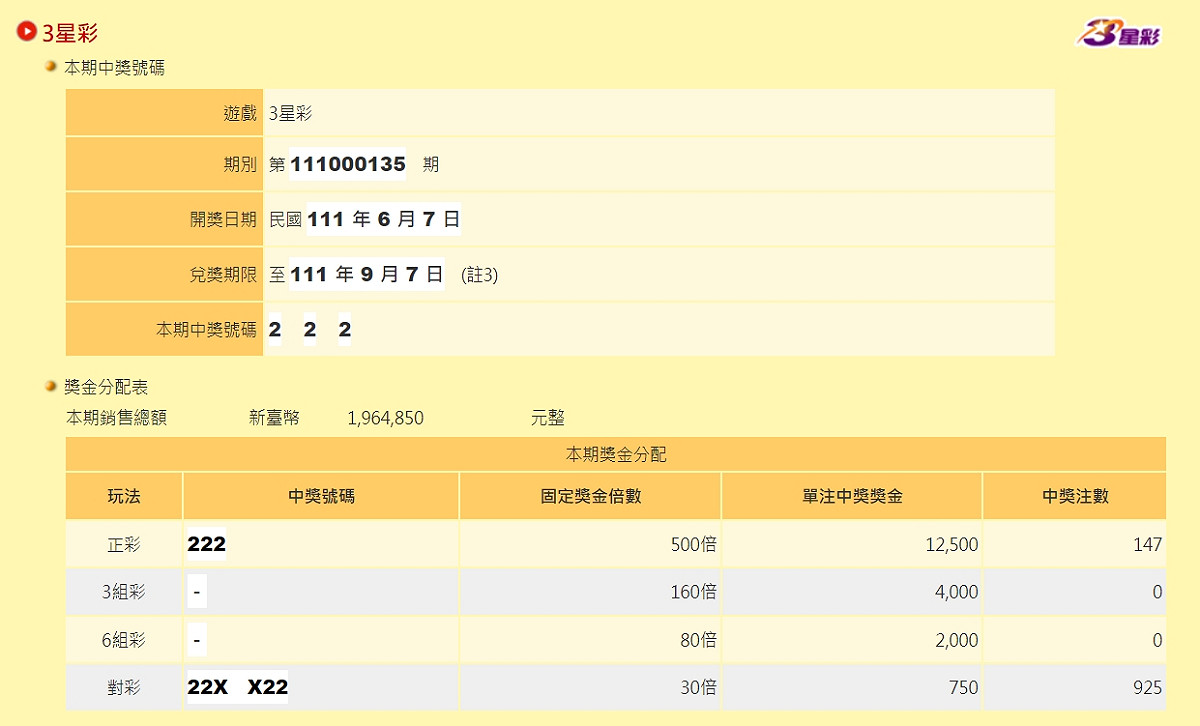 3星彩獎金分配方式。 圖：擷取自台彩公司官網