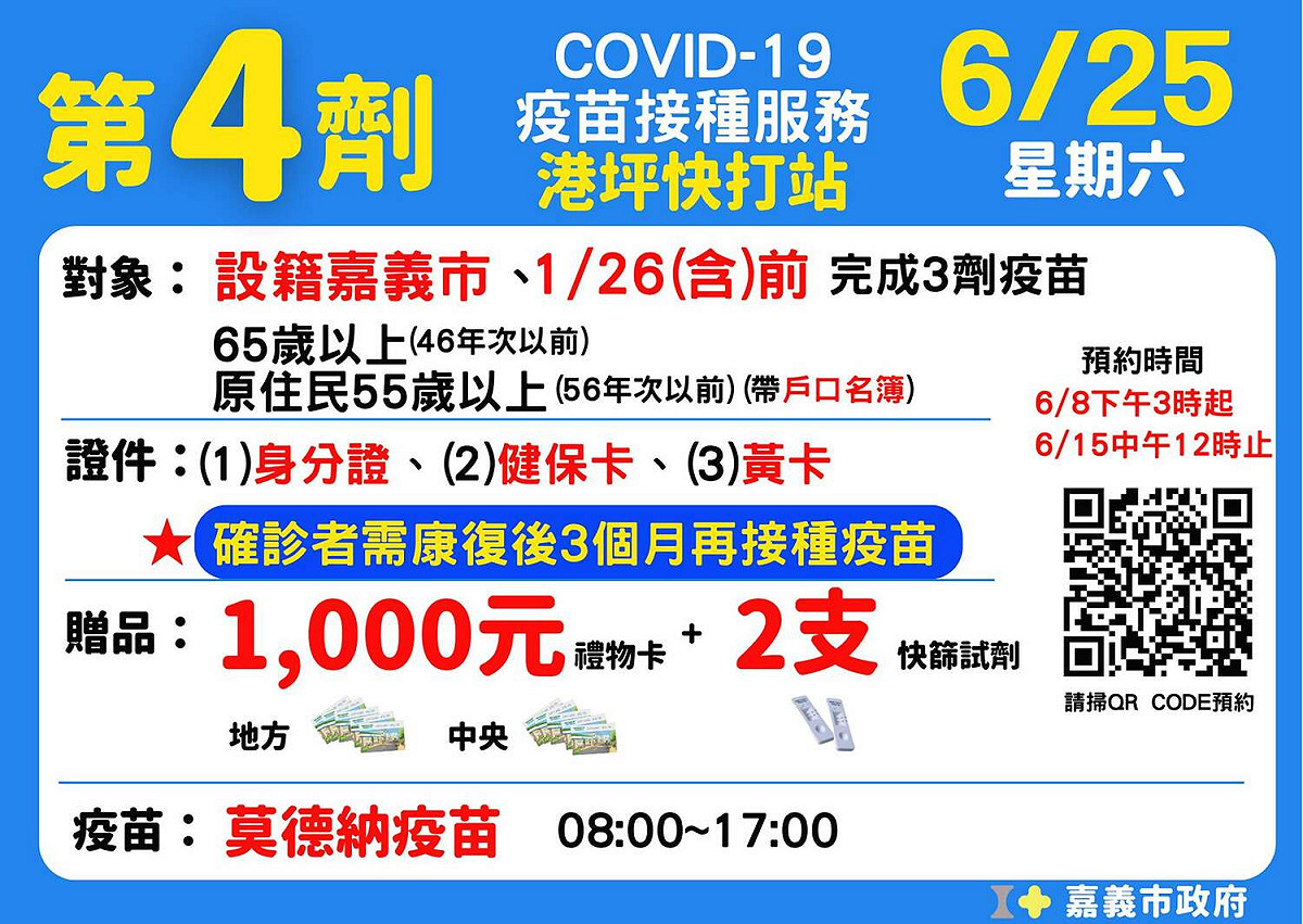 嘉義市今起開放長者預約接種第四劑莫德納疫苗。 圖：嘉義市政府/提供
