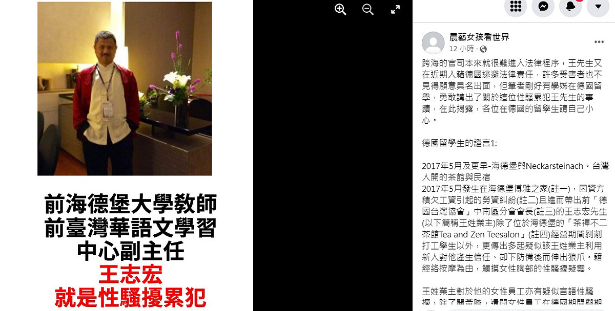 德國僑界爆發性騷擾案件，臉書「農藝女孩看世界」在多名被害女性勇敢站出來指證下，曝光嫌犯是前海德堡教師、「德國台灣協會」中南區分會會長王志宏。 圖：翻攝自農藝女孩看世界臉書