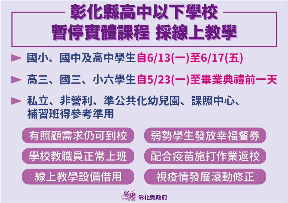 彰化縣府宣布遠距教學延後一週，但有照顧需求的家長，仍可將學童送至學校。 圖：擷取自彰化縣政府官網
