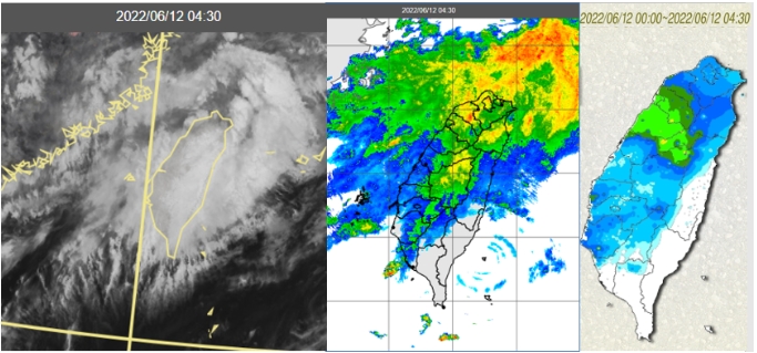 今天4：30真實色雲圖顯示，「滯留鋒」雲帶籠罩台灣(左圖)。4：30雷達回波合成圖顯示，除屏東、台東以外，皆有降水回波(中圖)。4：30累積雨量圖顯示，高雄以北明顯降雨(右圖)。 圖/取自「三立準氣象．老大洩天機」專欄