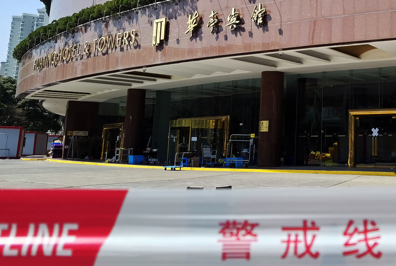 3月15日遭封閉的華亭賓館。 圖中新社提供