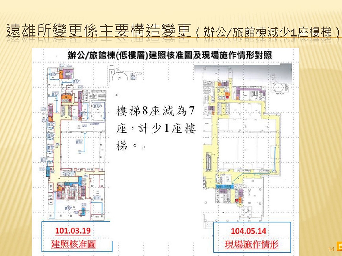 遠雄大巨蛋辦公/旅館棟實際施工，減少1座樓梯。 圖：翻拍自監察院調查報告
