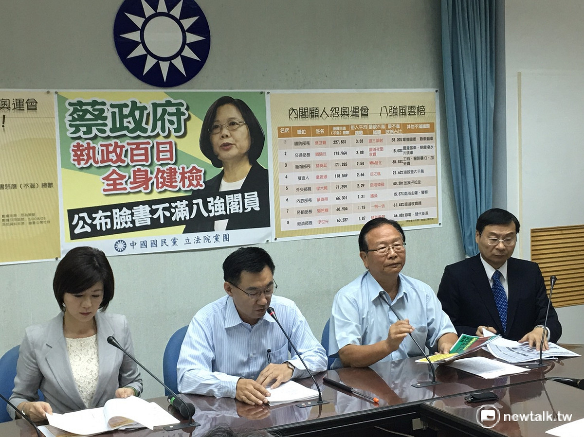 立法院國民黨團25日召開記者會公布調查數據，列出行政院長林全內閣八強顧人怨部長，其中國防部長馮世寬奪冠。 圖：鄭佑漢/攝