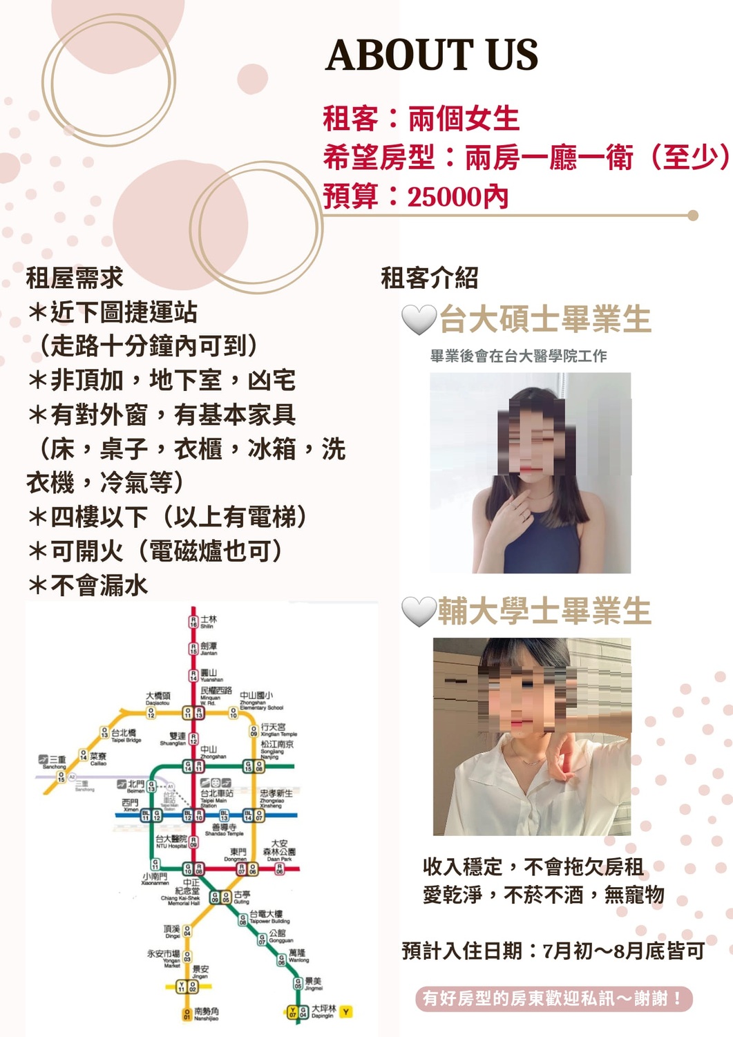 一名台大碩士畢業的正妹最近在臉書社團「台北租屋、出租專屬社團」發出一篇租屋簡報，掀起激烈討論。 圖:台北租屋、出租專屬社團臉書