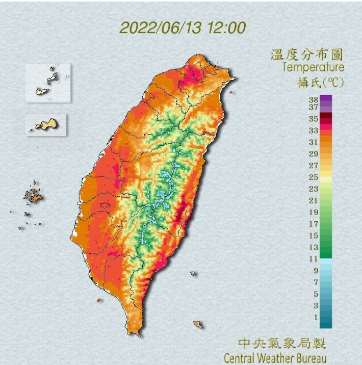 今(13)中午全台皆炎熱，全台平地均出現30度高溫。 圖：翻攝自中央氣象局網站