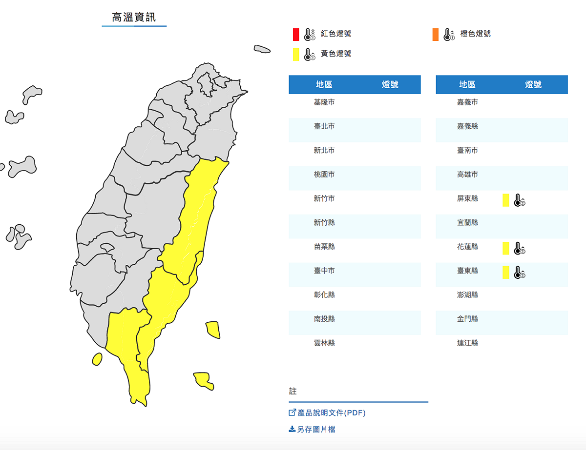 花東地區及屏東出現黃色燈號，溫度上看36度 圖：翻攝自中央氣象局網站