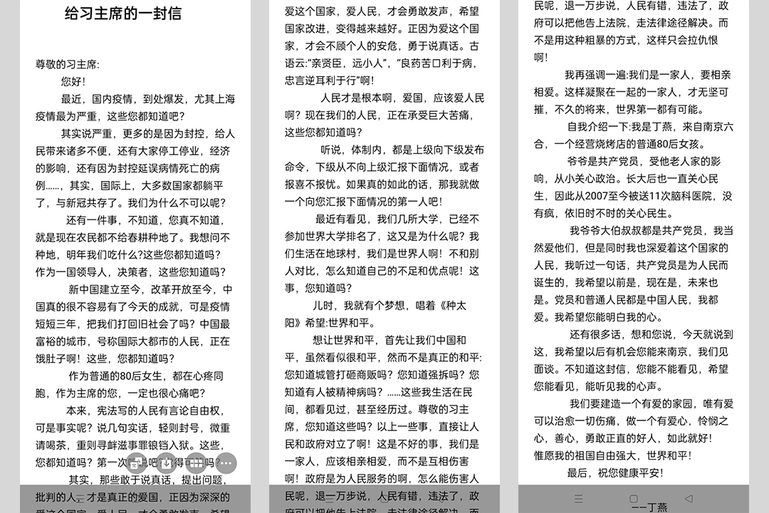 南京女子丁燕在微信群發表一封給中共當局的公開信，問責上海的極端防疫政策，當天就被警方帶走隨後轉送至精神病院。 圖:翻攝自網路