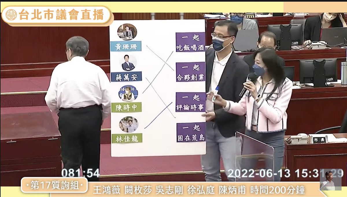 台北市長柯文哲願找立委蔣萬安「一起困在荒島」、找衛福部長陳時中一起「吃飯喝酒」。 圖：翻攝直播