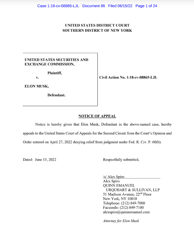 馬斯克的律師Alex Spiro已向法院提起訴訟，將他的案件提交給美國上訴法院。 圖：翻攝自The Verge