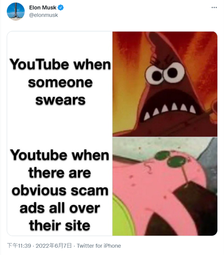 本月初馬斯克把砲火瞄準YouTube，稱該網站充斥「無止盡的詐騙廣告」。 圖：翻攝自馬斯克推特