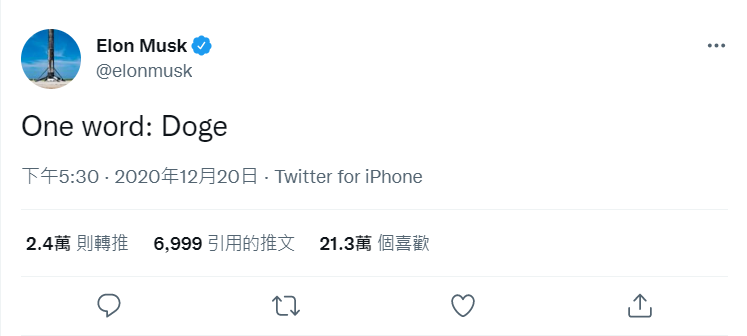 狗狗幣原本是作為一個玩笑，但是經過馬斯克等人大力宣傳，讓此一虛幣在2021年暴紅。 圖：翻攝自馬斯克推特