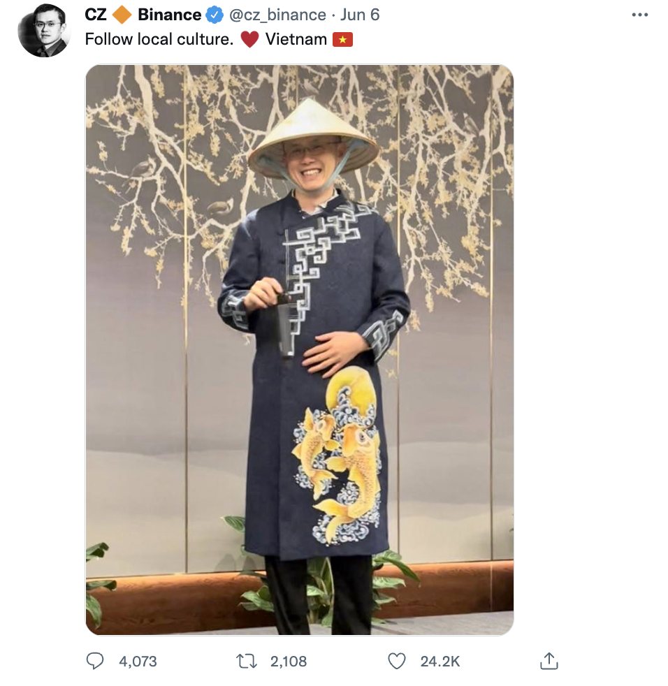 幣安創始人趙長鵬在越南發文。 圖：擷取自趙長鵬推特