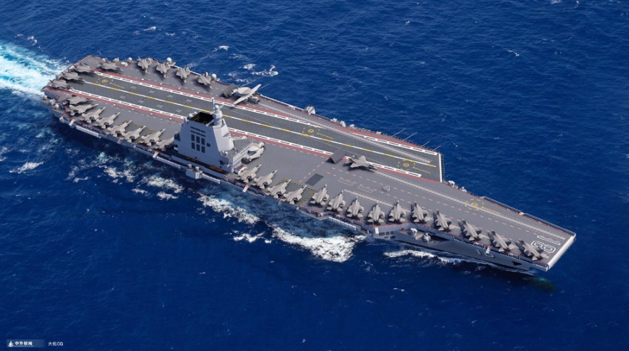 中國第三艘航母福建艦下水，解放軍官方繪製海上航行模擬圖。