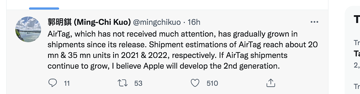 郭明錤推測，因為AirTag出貨量穩定成長，蘋果將開發第2代。 圖：截自郭明錤推特