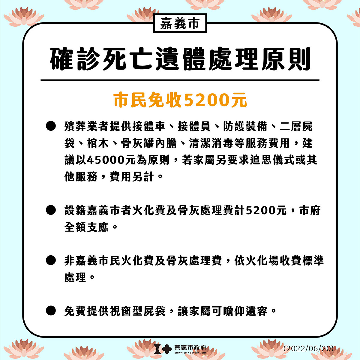 嘉義市政府公佈確診死亡遺體處理原則。 圖：嘉義市政府/提供