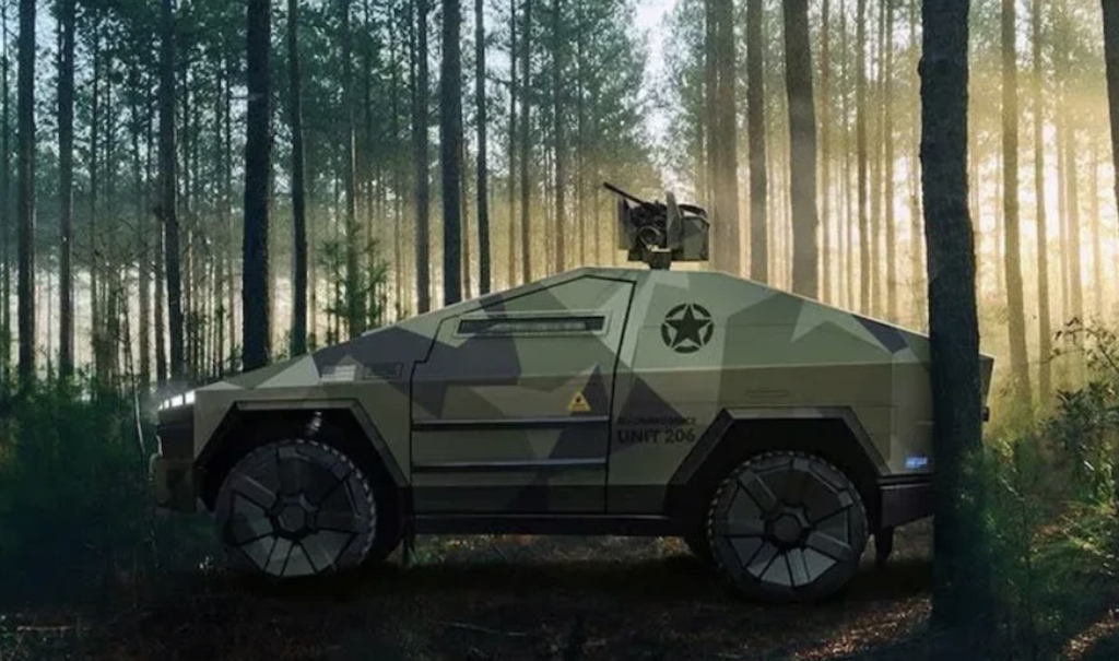 特斯拉軍用版Cybertruck渲染圖。 圖：擷取自大象觀青史