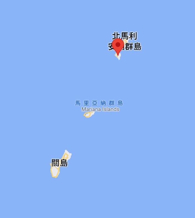 天寧島(地圖紅點標示處)位於關島東北方約160公里處。 圖：翻攝Google Map
