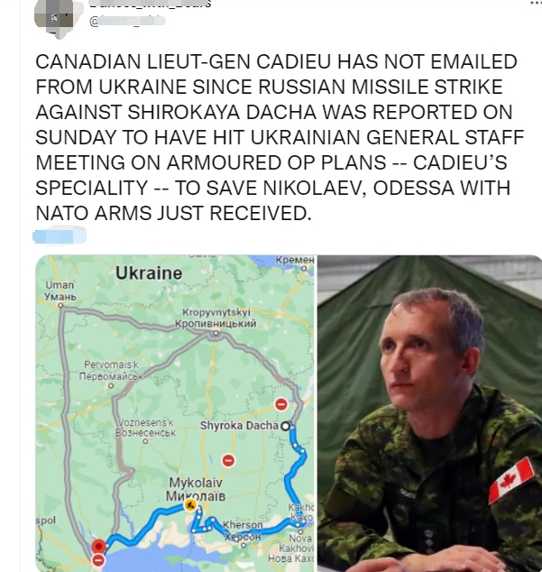 有網友稱加拿大陸軍中將卡迪厄自襲擊之後， 再也沒有從烏克蘭發送過郵件。 圖 : 翻攝自推特
