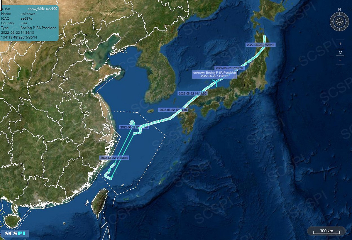 美海軍一架P8A「海神」海上巡邏機今日進入東海進行抵近偵查，並於長江口外海高強度活動。 圖：擷自推特@SCS_PI