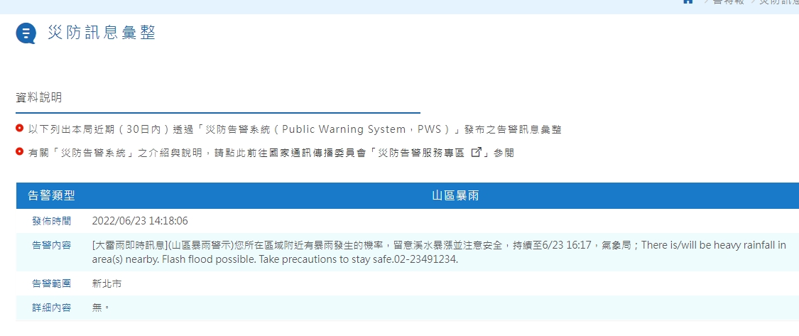 中央氣象局對新北市山區發布「災害告警訊息」。 圖：截取自中央氣象局網站