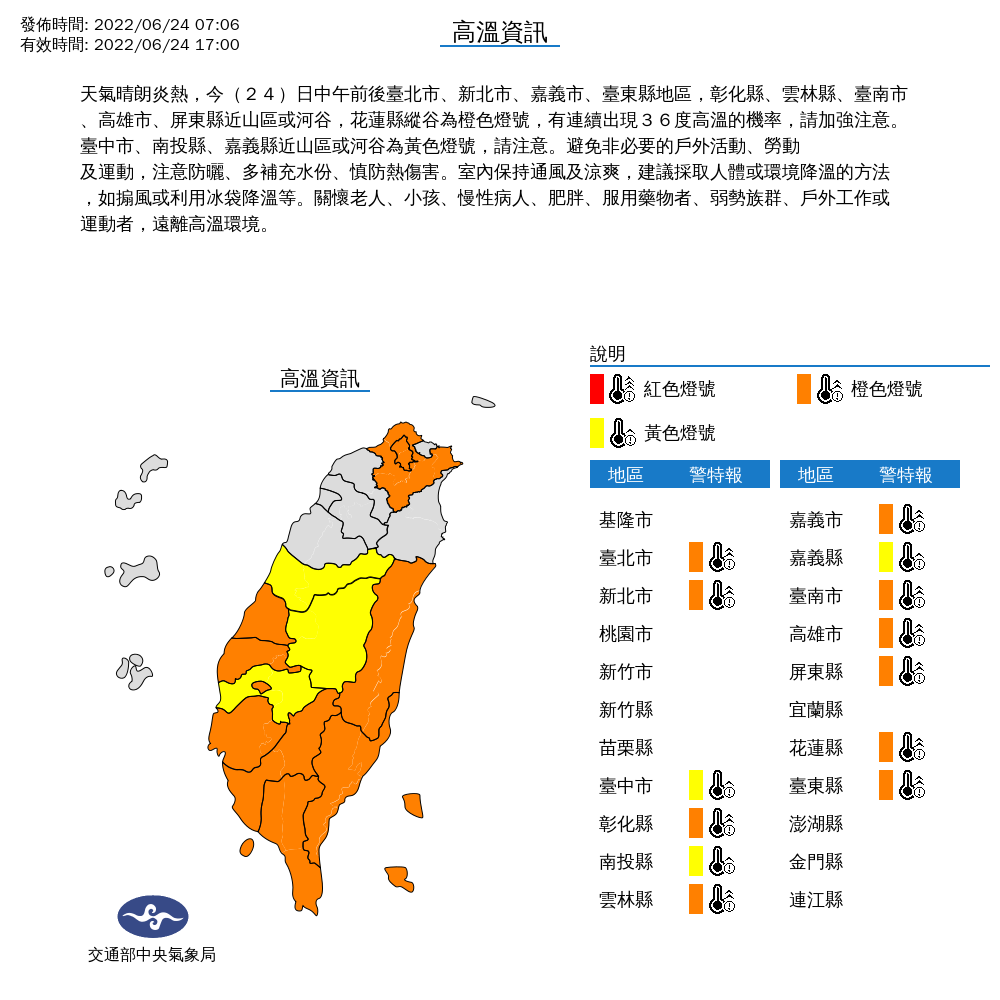13縣市亮起高溫燈號，請民眾注意。 圖：中央氣象局/提供