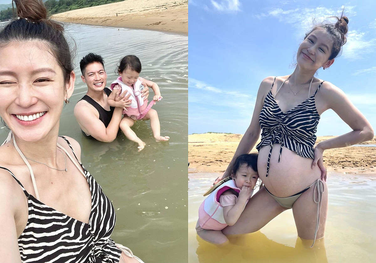 趙孟姿挺著9個月孕肚與老公許孟哲帶女兒到海邊體驗SUP(立式划槳)。 圖：翻攝自IG/chaochao1011