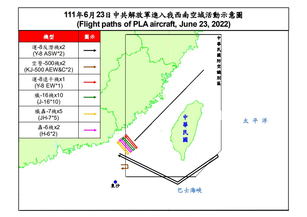國防部公布23日中共解放軍在我國西南空域活動圖。 圖：翻攝自國防部官網