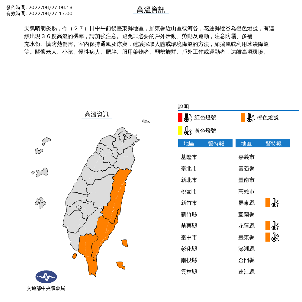 全台各地包括金門、馬祖，今天大多為多雲到晴的天氣；各地高溫仍然持續，除了台東、屏東與花蓮外，其他地區白天氣溫也都約在攝氏36度左右。 圖：中央氣象局/提供